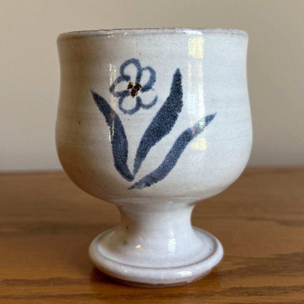 Vintage Jugtown Ware Goblet Pedestal Cup Floral‎ Blue White North Carolina Art